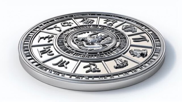 Detailed Silver Zodiac Coin on White Background.