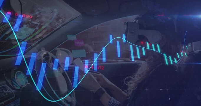 Woman holding smartphone and launching animated finance charts then donning VR headset for insight