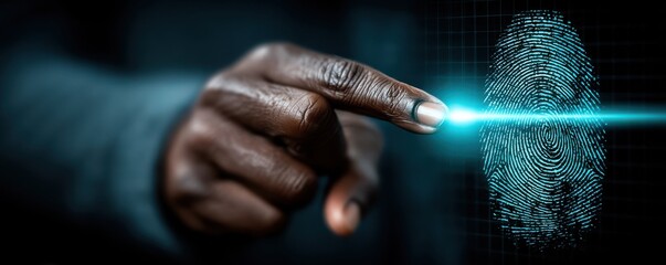 Black businessman touches a digital fingerprint on a futuristic screen representing biometric security