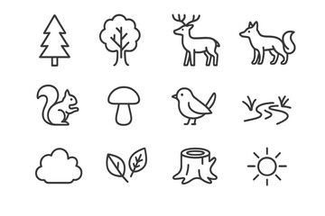 Forest Ecosystem Icons. Forest ecosystem. Line icon set of forest ecosystem: pine tree, oak tree, deer, fox, squirrel, mushroom, bird, river, bush, fallen