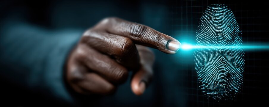 Black businessman touches a digital fingerprint on a futuristic screen representing biometric security