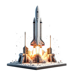 Space shuttle launching, fiery exhaust, lifting off from a launchpad