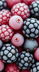 Close-up view of frozen raspberries, blueberries, and blackberries, showcasing the frost-covered textures and vibrant colors of the frozen fruits.