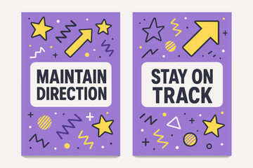 Directional Banners Design. Maintain direction. Two vertical A6 banners with safe margins, centered composition, no elements touching edges, memphis, purple