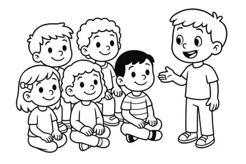 Fototapeta premium Kids Listening Coloring Page. Audience listening skills children?s coloring book illustration, outlined drawing, a group of kids sitting quietly with happy