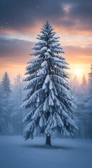 A majestic snow-covered evergreen tree stands tall in a winter wonderland at sunrise, bathed in soft, golden light.