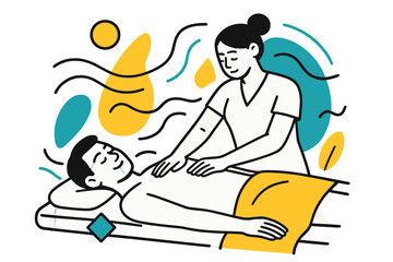 Lymphatic Massage Art. Lymphatic Drainage. Person receiving gentle lymphatic massage with floating abstract geometric shapes and soft flow lines, calm and