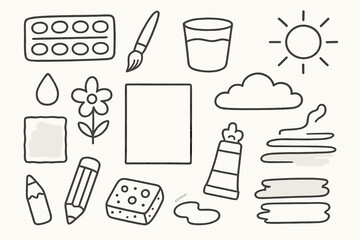 Art Tools Outlined. Watercolor painting. Hand-drawn doodle illustration watercolor painting palette, brush, water cup, paper sheet, droplet, soft gradient,