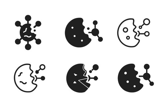 Enzyme Logo Variations. Food digestion in the body. Set Logo of enzymes: molecular structure breaking food particle. Icon set. harmonious logo variations of