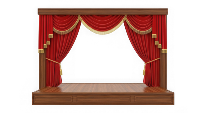 Red velvet theater stage curtains and wooden platform isolated on transparent background