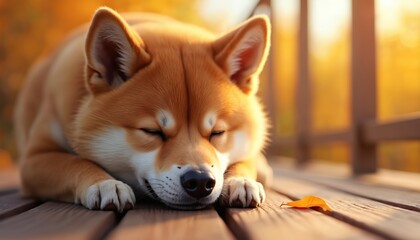 Relaxed Shiba Inu rests peacefully on wooden deck during autumn. The golden light illuminates this cute dog enjoying a tranquil moment outdoors. A single leaf adds to the serene scene of fall.