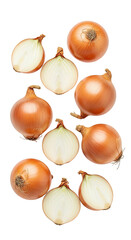 Overhead shot of whole and halved brown onions against a black background