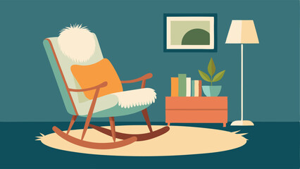 A cozy reading nook is created with a midcentury rocking chair and a plush sheepskin rug.