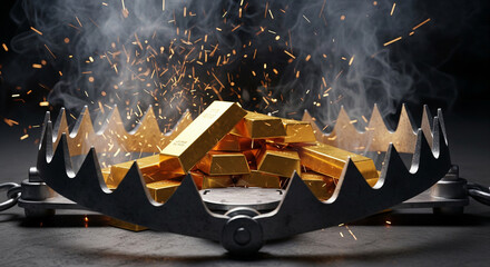 Gold bars in a steel bear trap with flying sparks and smoke  a stark symbol of risky investment, greed, financial trap, and wealth hazard on a dark background