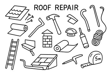 Obraz premium Roof Repair Tools. Roof repair. Hand-drawn doodle illustration roof repair shingles, roofing nails, hammer, pry bar, underlayment roll, flashing, gutter,
