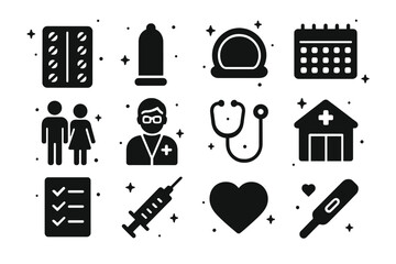 Contraception Icons Set. Contraception Methods. Solid icons set of Contraception Methods: contraception pills, condom, diaphragm, calendar, couple, doctor,