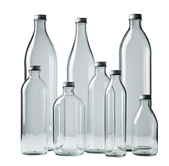 Group of transparent glass bottles with metal caps, varying sizes and shapes