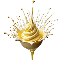 Creamy dessert erupts from glass, splashes with golden accents