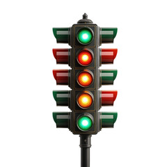 Detailed, vintage-style traffic light with illuminated signals