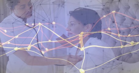 Doctor placing stethoscope on patient's chest and monitoring sounds with network overlay moving - Powered by Adobe