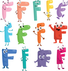 Letter F character. Colored letters with arms, legs and faces.