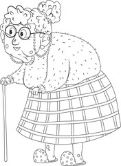 A coloring page of a grandmother wearing a sweater and skirt, her hair pulled back into a bun, slippers, and glasses. She stands leaning on a cane.