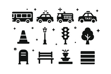 Naklejka premium LEGO City Icons. LEGO City Elements. Solid icons set of LEGO City Elements: bus, police car, fire truck, taxi, construction cone, lamppost, stoplight, tree,
