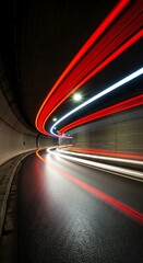 A captivating tunnel scene at night, illuminated by streaks of red, white, and other colors of moving vehicles.