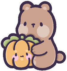 Grizzly bear sitting and holding a pumpkin