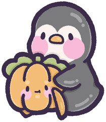 Penguin sitting and holding a pumpkin
