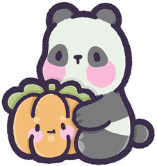 Panda sitting and holding a pumpkin