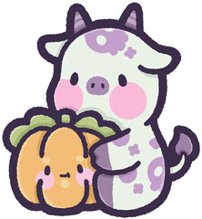 Cow sitting and holding a pumpkin