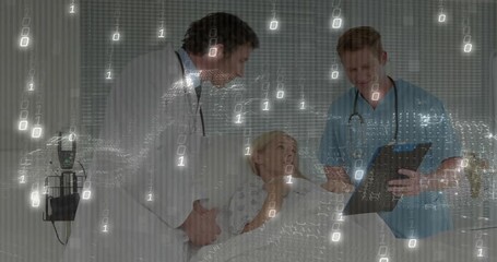 Nurse flipping chart sending binary stream while doctor consulting patient showing health data flow - Powered by Adobe