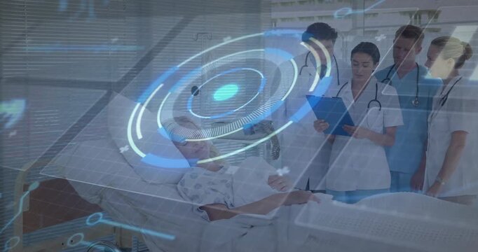 Patient lying in bed as medical team conferring and generating holographic diagnostic rings above