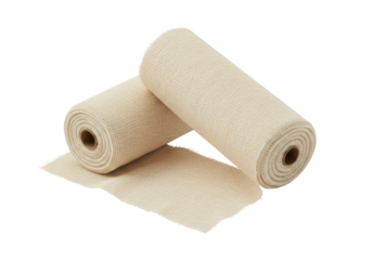Two rolls of gauze bandage with unrolled section transparent background cutout png