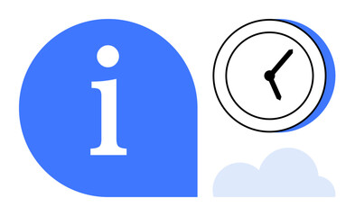 Blue info icon, analog clock showing time, and abstract cloud in minimal design. Ideal for communication, scheduling, planning, guidance, support organization knowledge-sharing. Simple flat