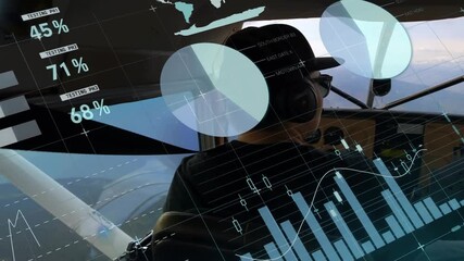 Pilot wearing cap and headset monitoring cockpit flight data overlays fading in and updating charts - Powered by Adobe