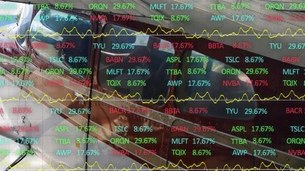 When stock tickers updating on red hatchback lift, values shifting to show market volatility - Powered by Adobe
