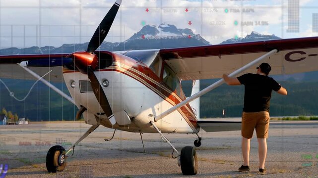 Pilot walking lifting strut checking gear opening cockpit retrieving bag for pre flight inspection
