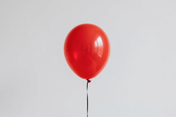 A single vibrant red balloon with a glossy surface and highlight reflection, tethered by a thin black string against a plain white background, symbolizing simplicity and joy.