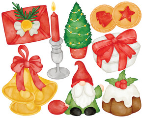 Watercolor Christmas Clip Art Set Cute Gnome Bell Gift Tree Pudding Festive Holiday Illustration Isolated on White Background