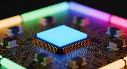 complex electronic circuit board with metallic components, colorful lighting, intricate design, macro photography, highly detailed, sharp focus, dramatic lighting, futuristic technology

