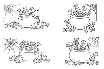 Four spooky halloween cauldrons filled with candy and spiderwebs for coloring fun