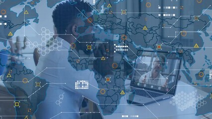 Office worker resting hands on joining remote medical call with map and network icons appearing - Powered by Adobe