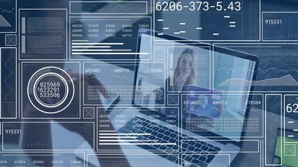 Viewer joining business call reviewing data as caller showing folder and charts updating on laptop - Powered by Adobe