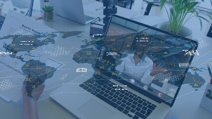 User initiating online call, activating hologram map as business consultant guiding data clustering - Powered by Adobe