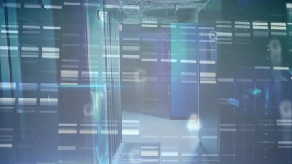 Starting with corridor view, server cabinets receiving scanning light bars showing digital overlay - Powered by Adobe