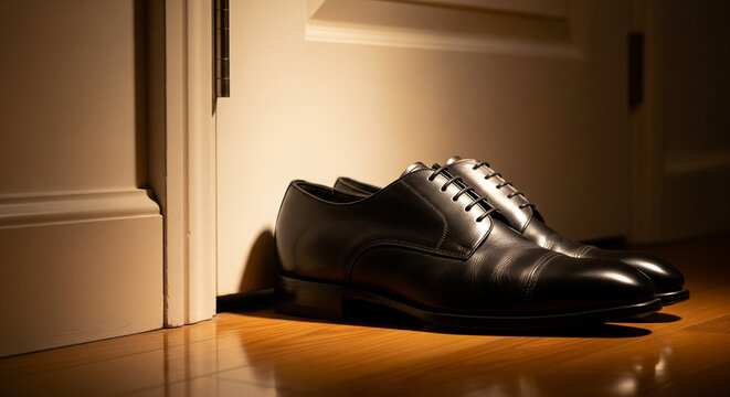 Classic Black Leather Oxford Shoes by a Doorway in Warm Light.
A pair of impeccably polished black leather Oxford dress shoes resting on a polished hardwood floor near a white door jamb