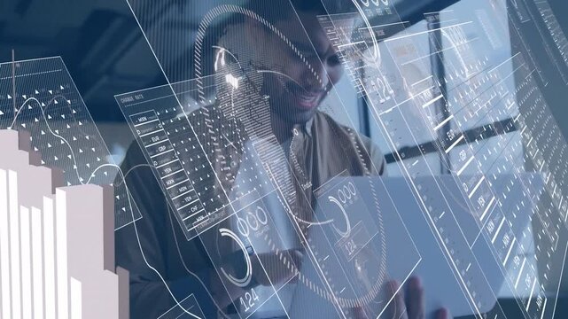 Developer typing on laptop activating code windows and raising bar charts for data analytics