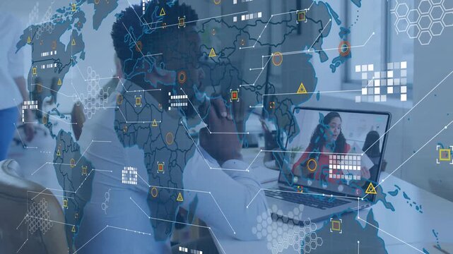 Man clasping hands, listening to remote presenter sharing business data, map overlay intensifying